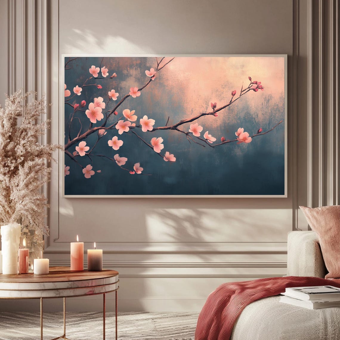 Pink Cherry Blossoms Dark Teal Moody Spring Floral Art TV Poster - Image 5