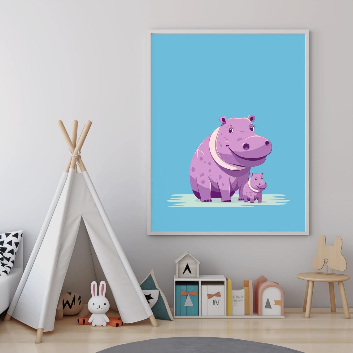 Mommy And Baby Hippo Smiling Light Blue Nursery Wall Art Poster - Image 3