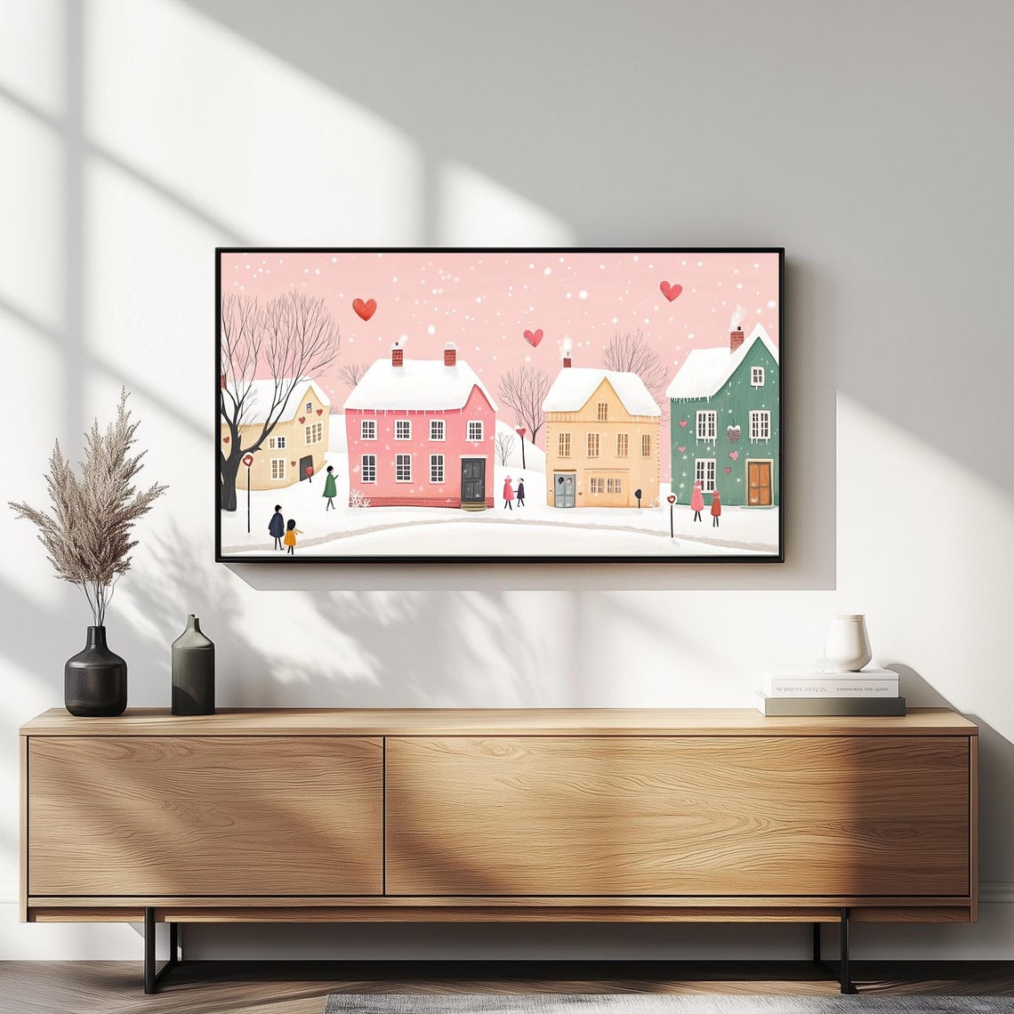 Pink Snowy Valentines Village Hearts Winter Art Frame TV Poster - Image 2