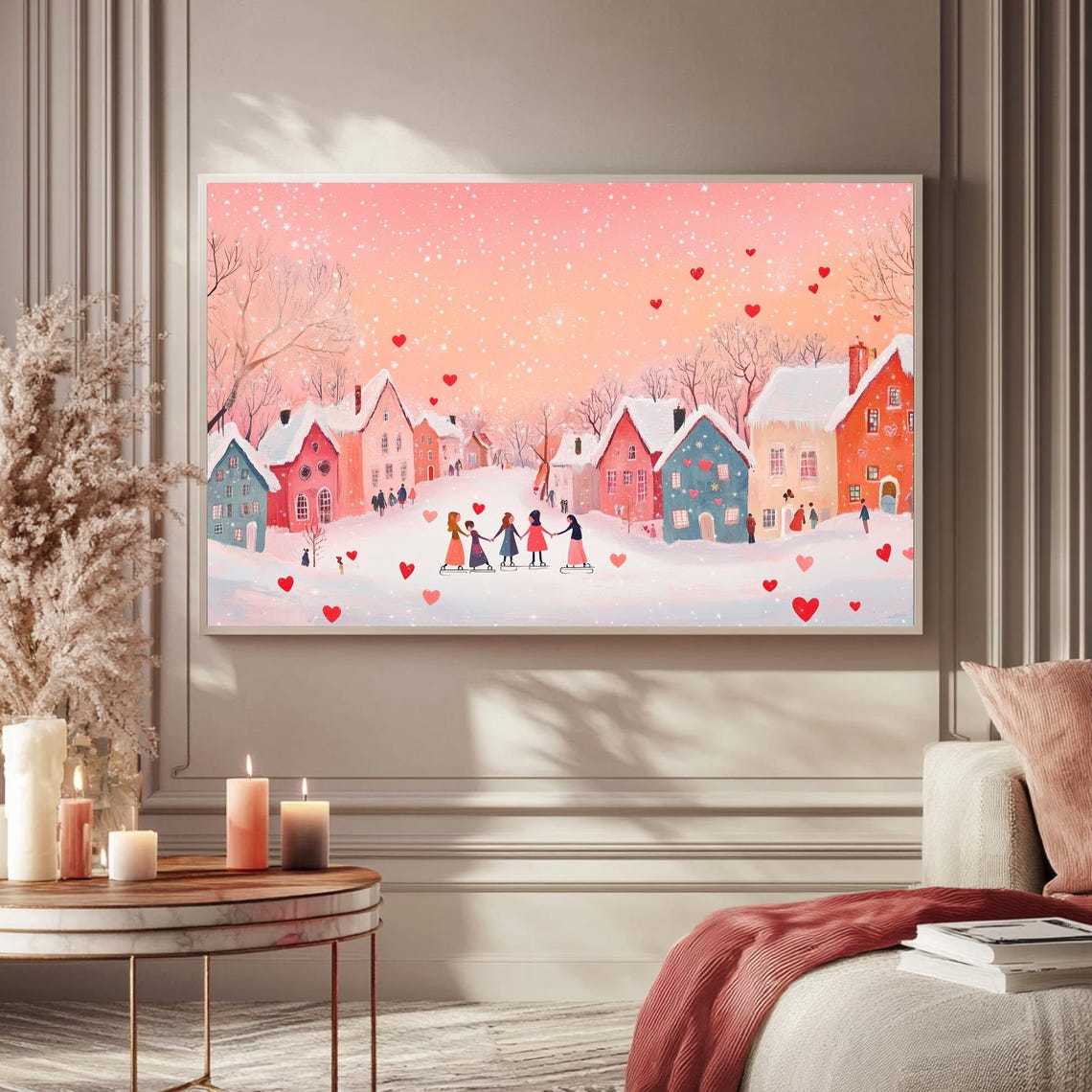 Girls Holding Hands Ice Skating Snowy Village Hearts Galentine Art - Image 5