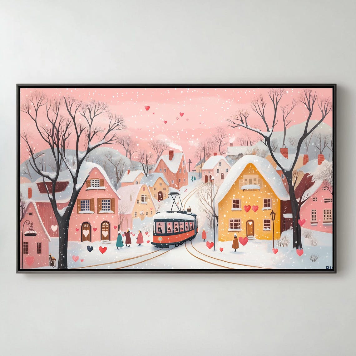 Red Tram In Snowy Pink Village Floating Hearts Romantic Wall Art