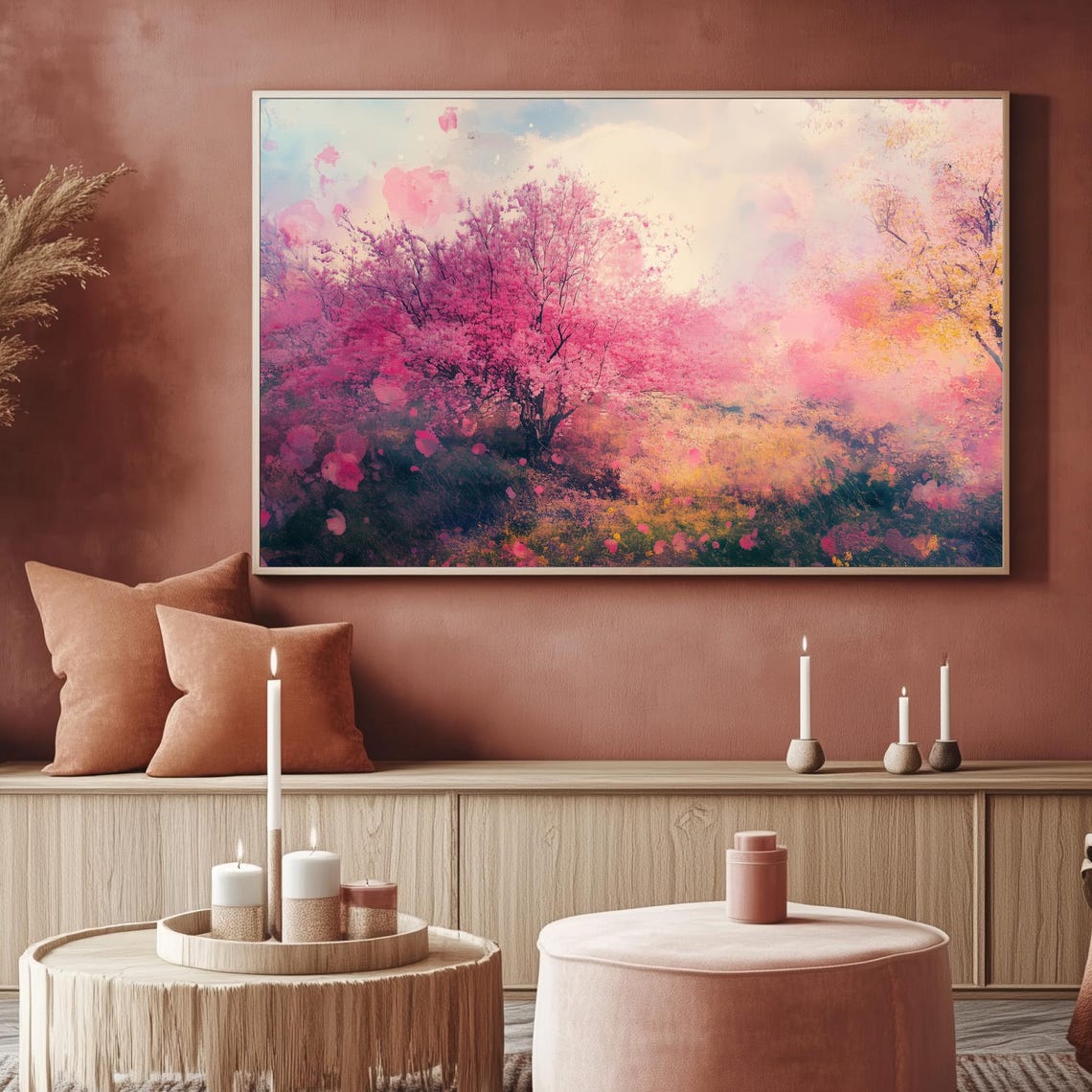 Cherry Blossom Spring Dreamy Pink Watercolor Bloom Nature Wall Art - Image 2
