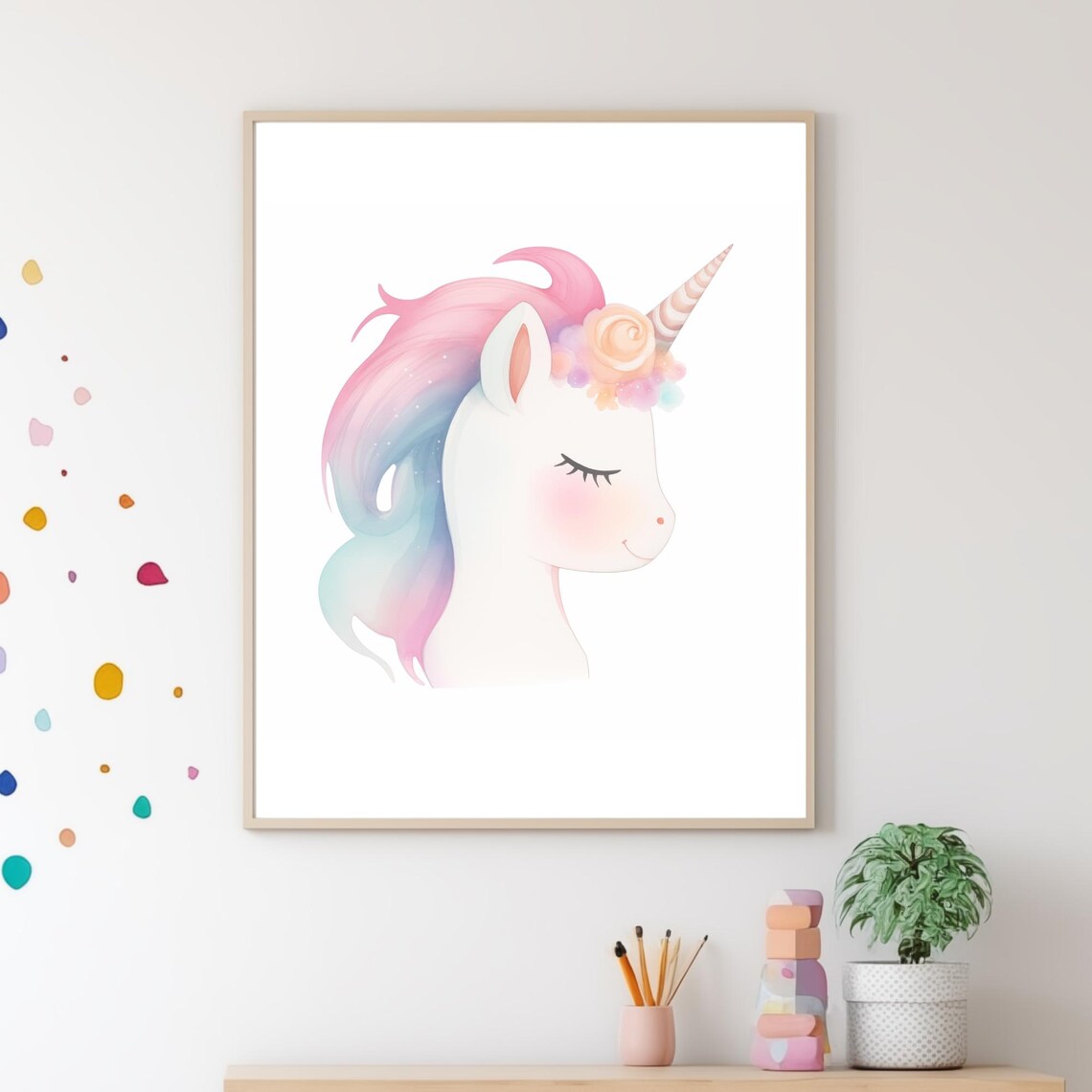 Pastel Unicorn Watercolor Baby Girl Nursery Kids Room Decor Poster
