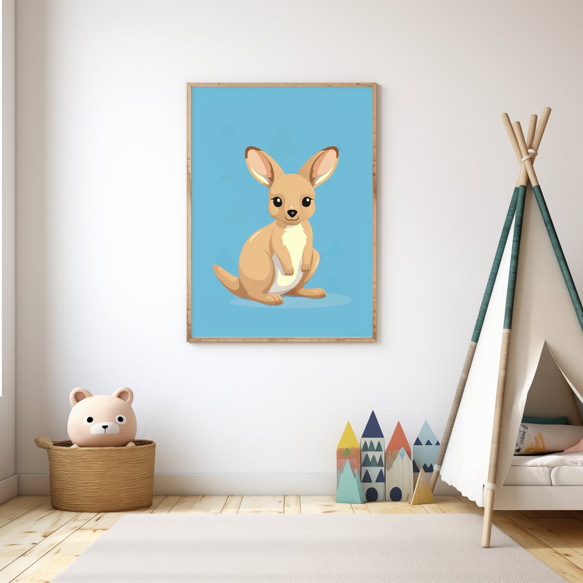 Cute Baby Kangaroo Cartoon Blue Nursery Kids Room Decor Wall Poster - Image 3