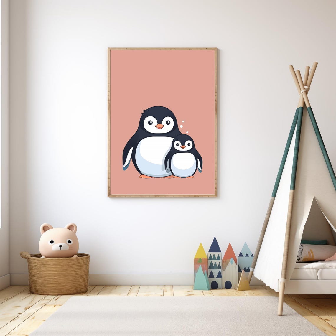 Mommy And Baby Penguin Hugging On Pink Background Nursery Poster - Image 3