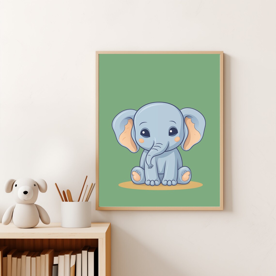 Cute Baby Elephant Cartoon Green Safari Nursery Kids Room Wall Art - Image 4