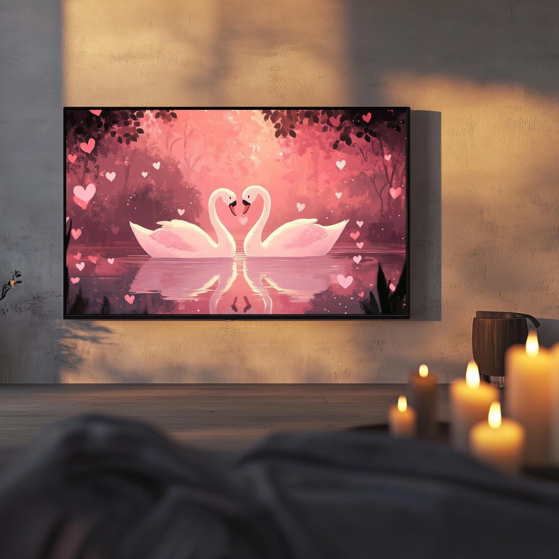Swans Heart Necks Pink Lake Sunset Romantic Art Frame TV Poster - Image 3