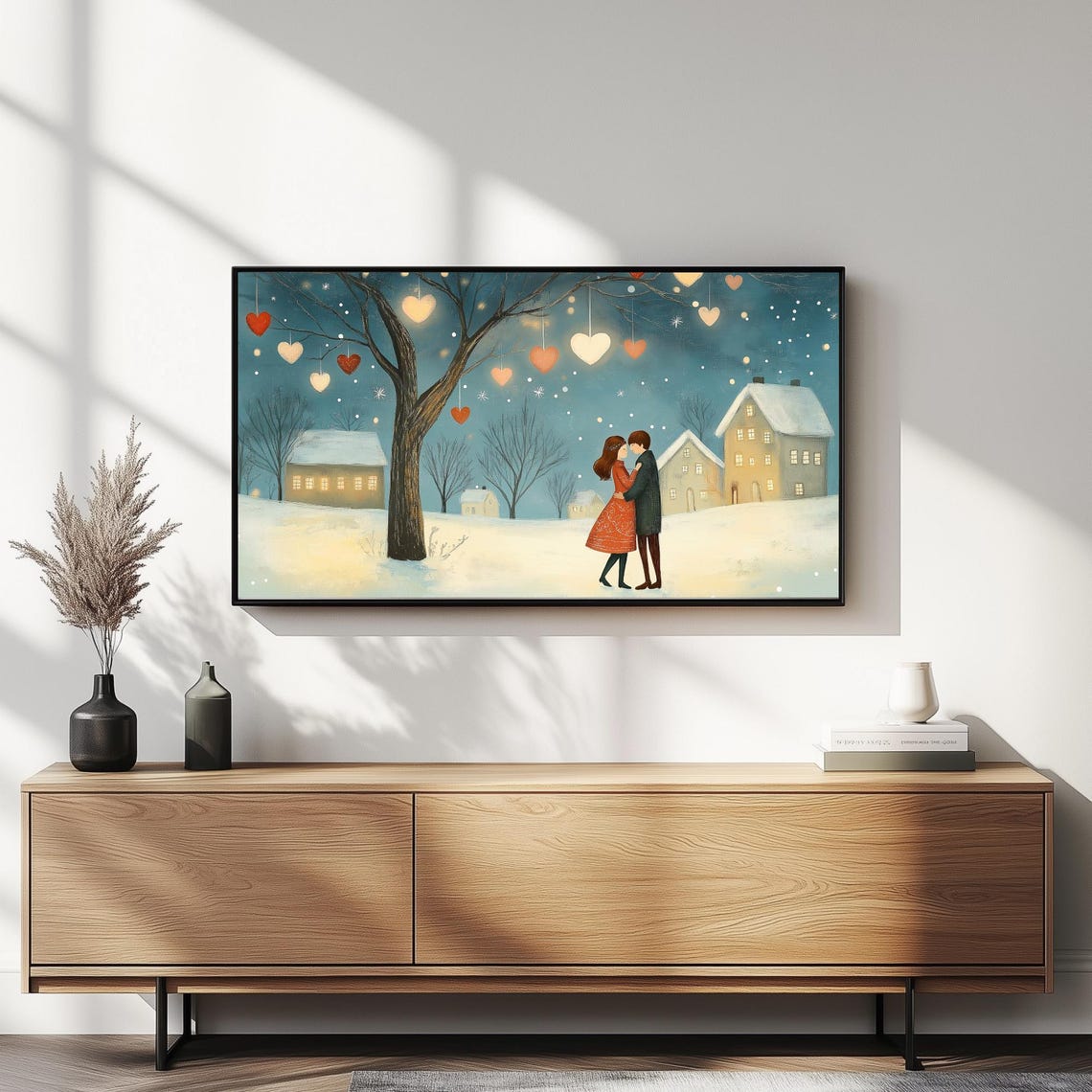 Couple Embracing Under Heart Tree Snowy Night Romantic Wall Art - Image 5