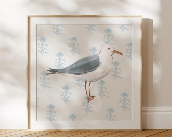 Watercolor Blue Seagull Art Print, Cottage Nursery Decor