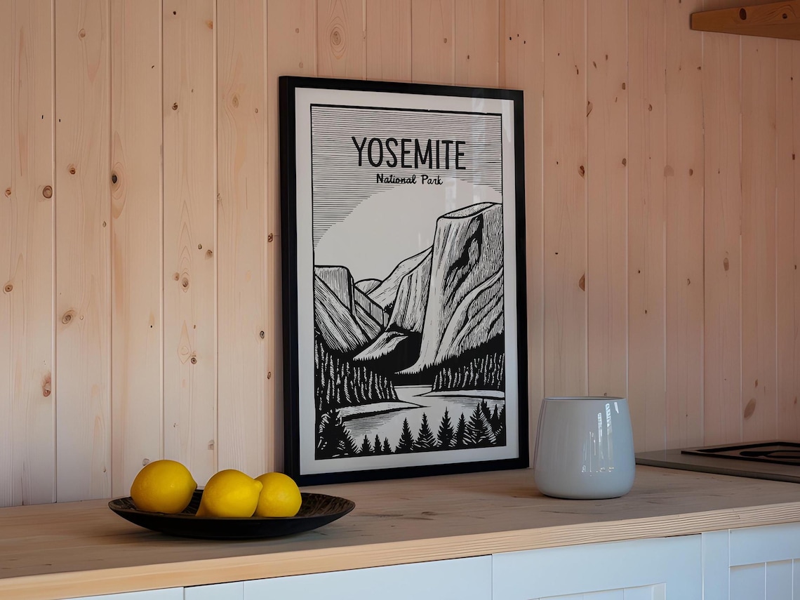 Yosemite Woodcut Travel Print, Retro California View