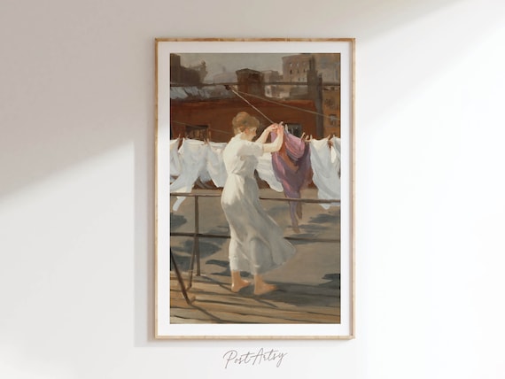 Vintage Woman Hanging Laundry Clothesline Poster Rooftop Nostalgia Home Decor