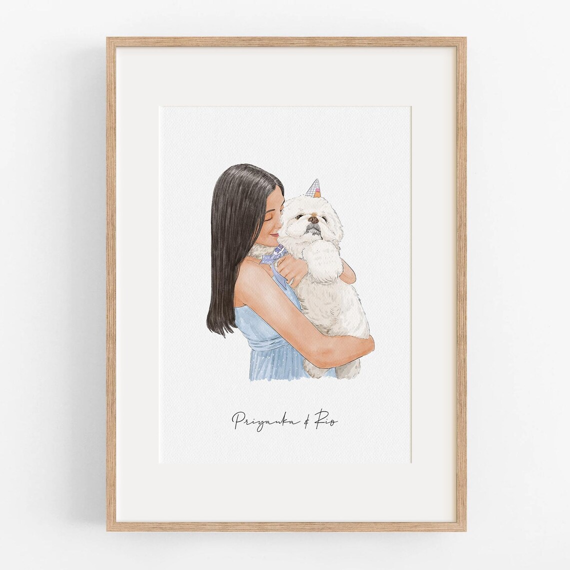 Priyanka and Rio Woman Hugging Fluffy White Dog Watercolor Poster