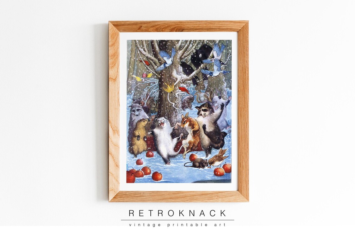 Woodland Animals Dancing In Snow Winter Forest Vintage Storybook Print - Image 2