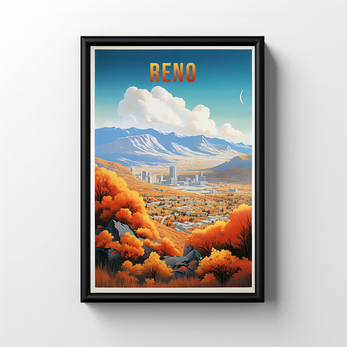 Reno Nevada Autumn Hills City Skyline Mountains Travel Poster