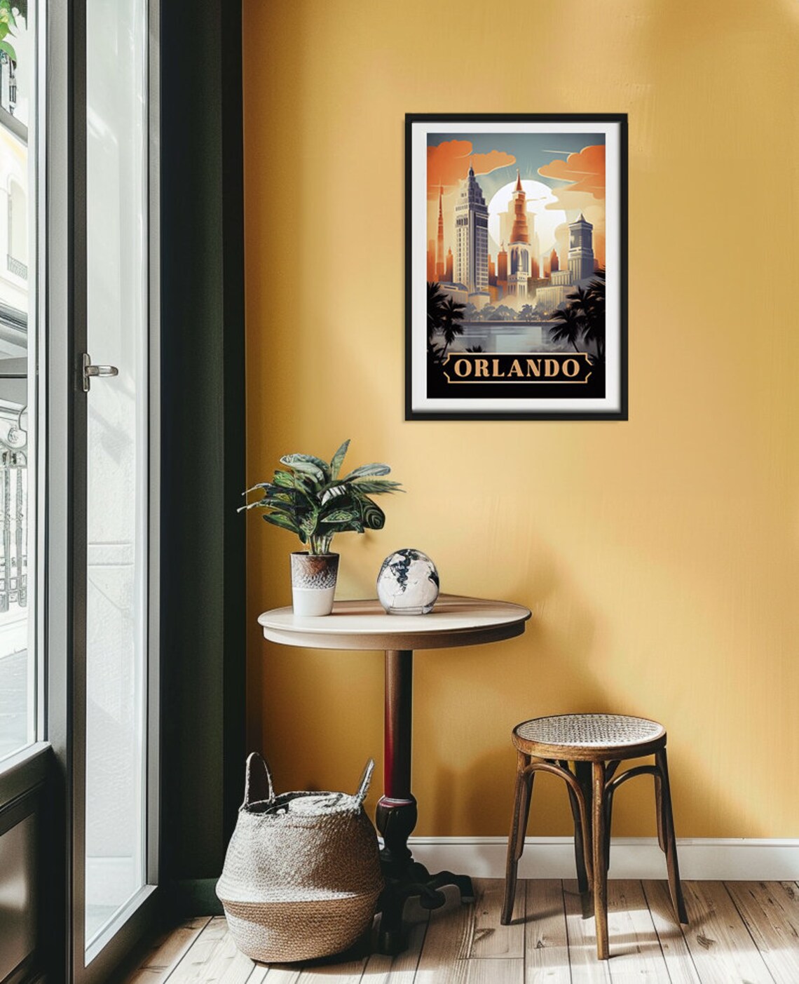 Orlando Florida City Skyline at Dusk Palms Lake Retro Art Poster - Image 2