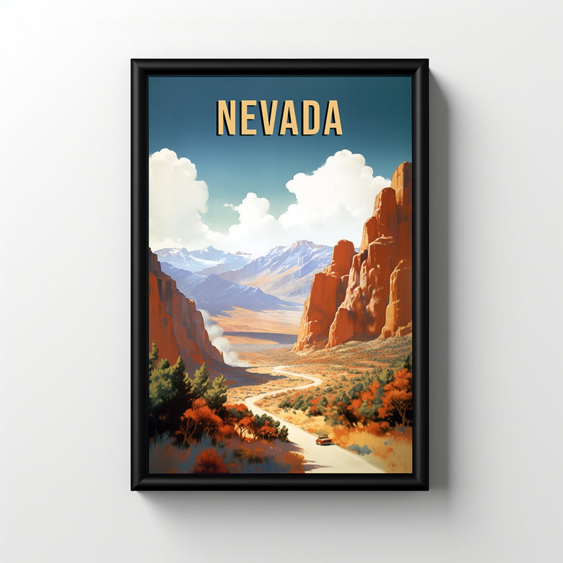Nevada Desert Road Red Rock Canyon Vintage Adventure Travel Poster