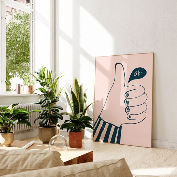 Okay Thumbs Up Art Print, Pink Monochrome Decor