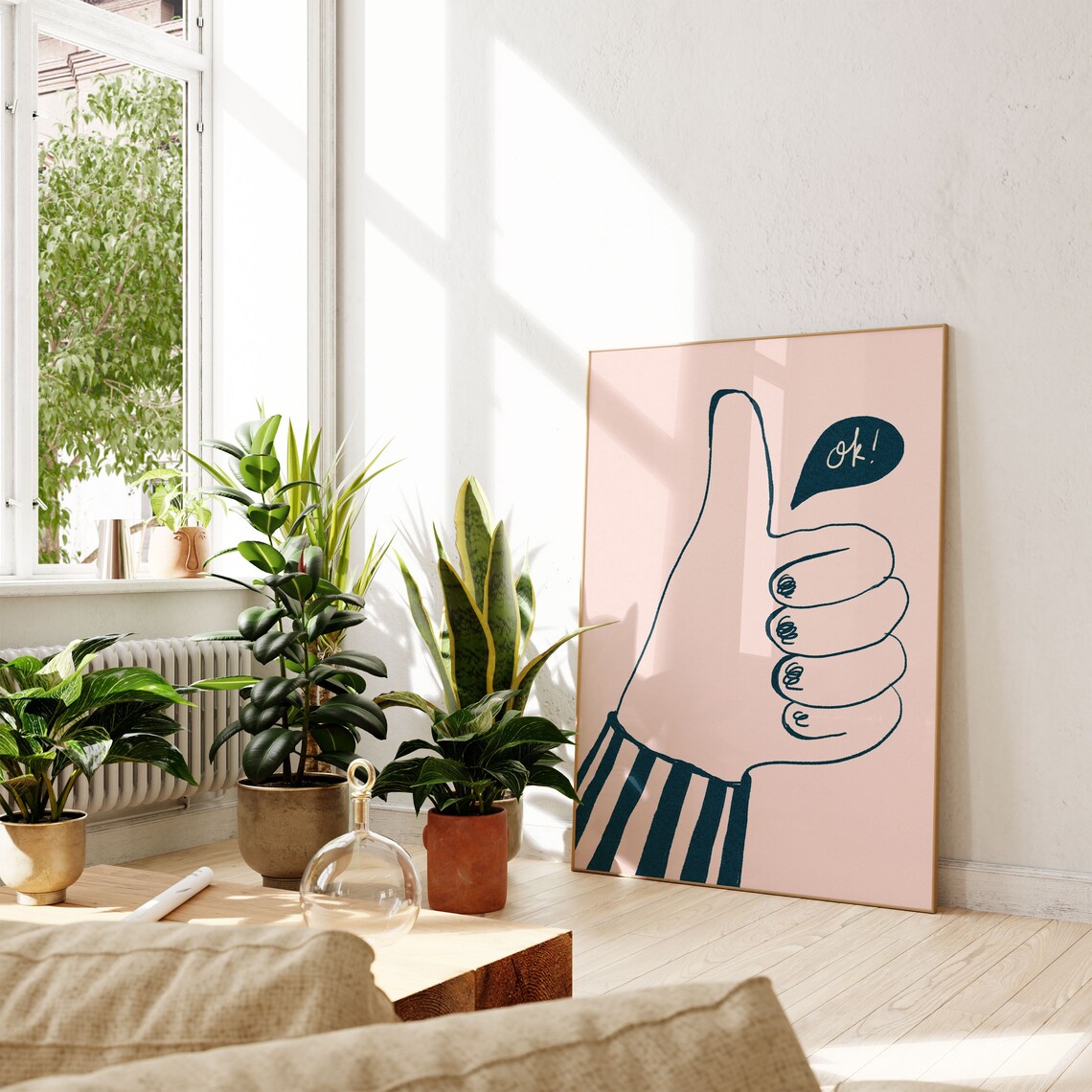 Okay Thumbs Up Art Print, Pink Monochrome Decor