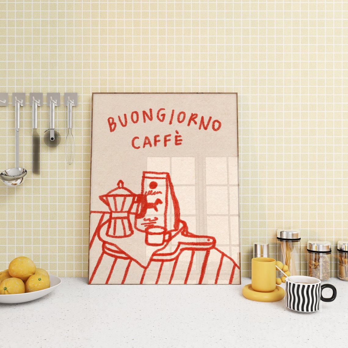 Buongiorno Caffe Moka Pot Red Sketch Warm Italian Kitchen Poster
