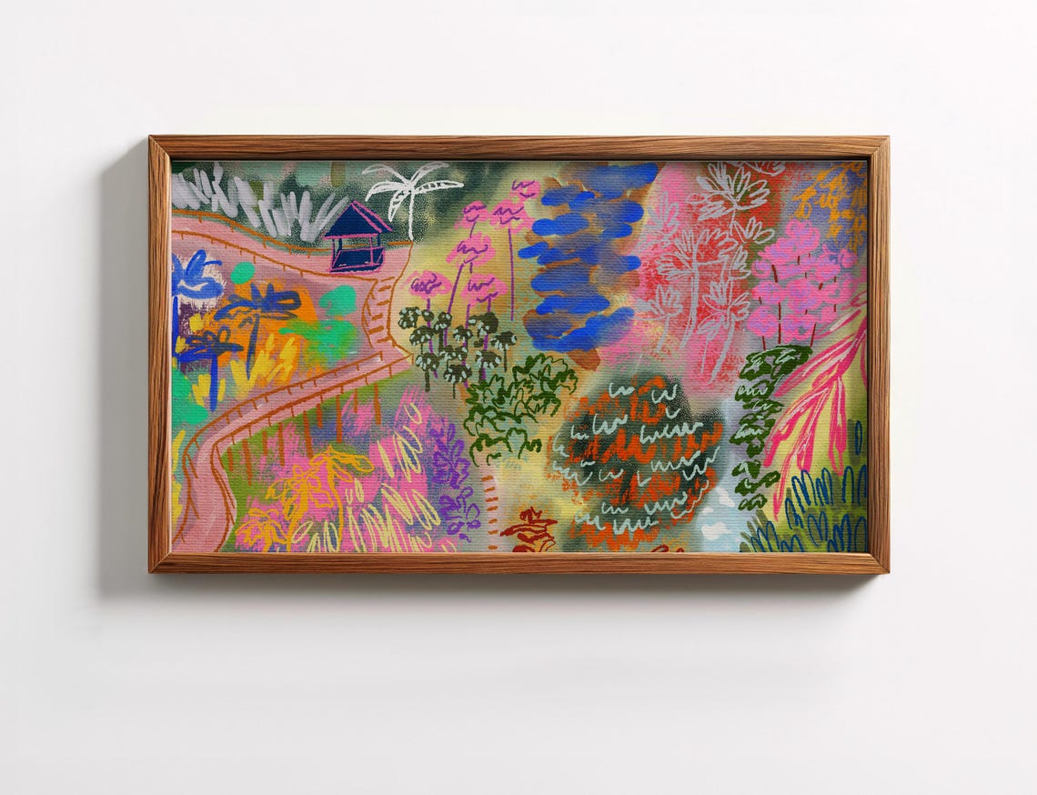 Tropical Jungle Painting Vibrant Colorful Foliage Path Poster