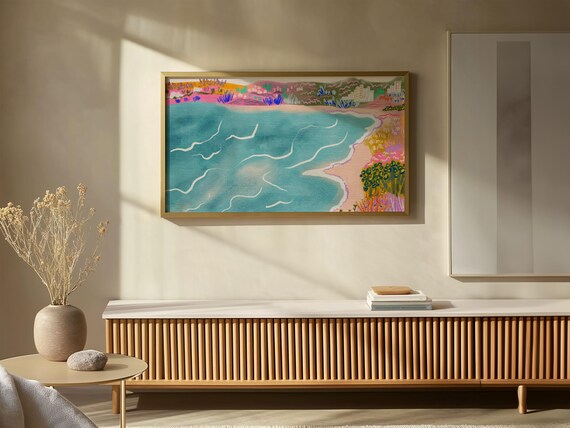Turquoise Bay Watercolor Coastal Seascape Colorful Shoreline Eclectic Art Poster