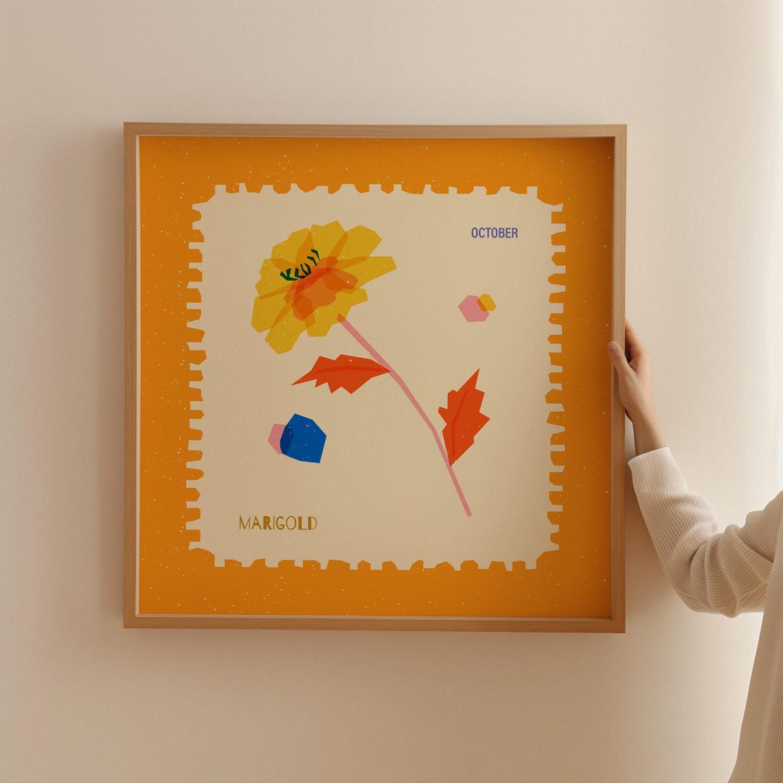 Marigold October Birth Flower Postage Stamp Style Floral Art Poster