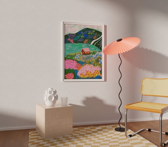 House By The Lake Art Print, Mountain Scenery