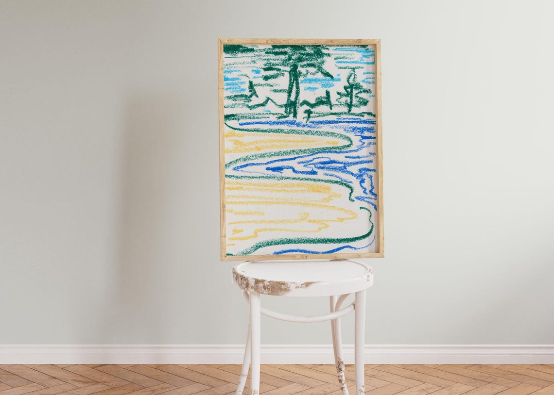 Mountain Beach Abstract Oil Pastel Landscape Colorful Wall Art