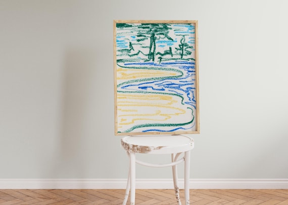Mountain Beach Abstract Oil Pastel Landscape Colorful Wall Art