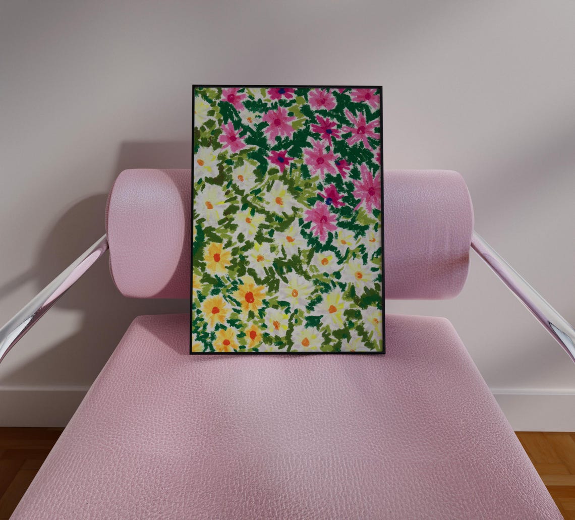 Vivid Colorful Ditsy Floral Abstract Pink Daisy Meadow Art Print
