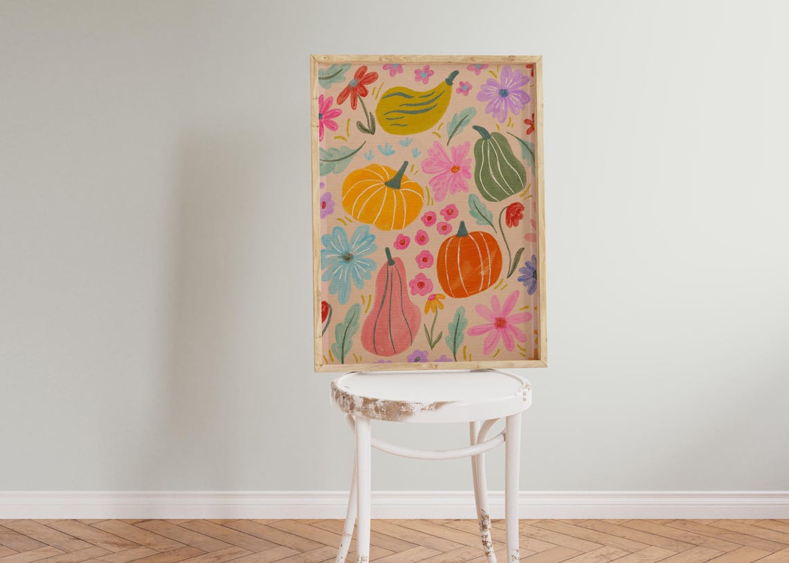 Colorful Pumpkin Floral Autumn Illustration Poster Thanksgiving Decor
