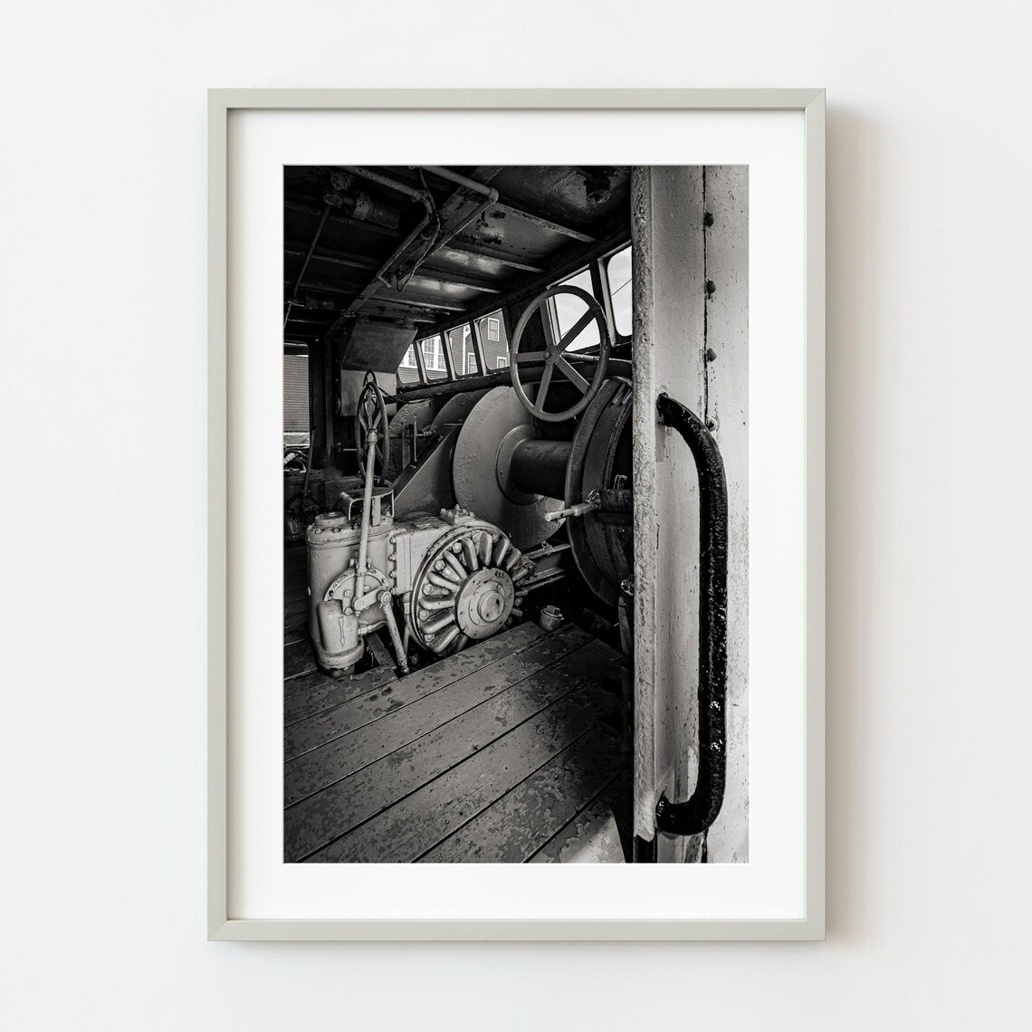 Historic Fishing Trawler Wheelhouse Interior Black and White Photo Poster