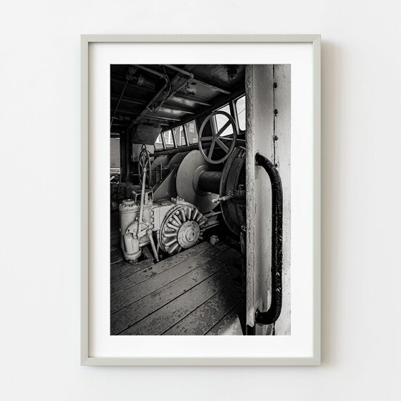 Historic Fishing Trawler Wheelhouse Interior Black and White Photo Poster