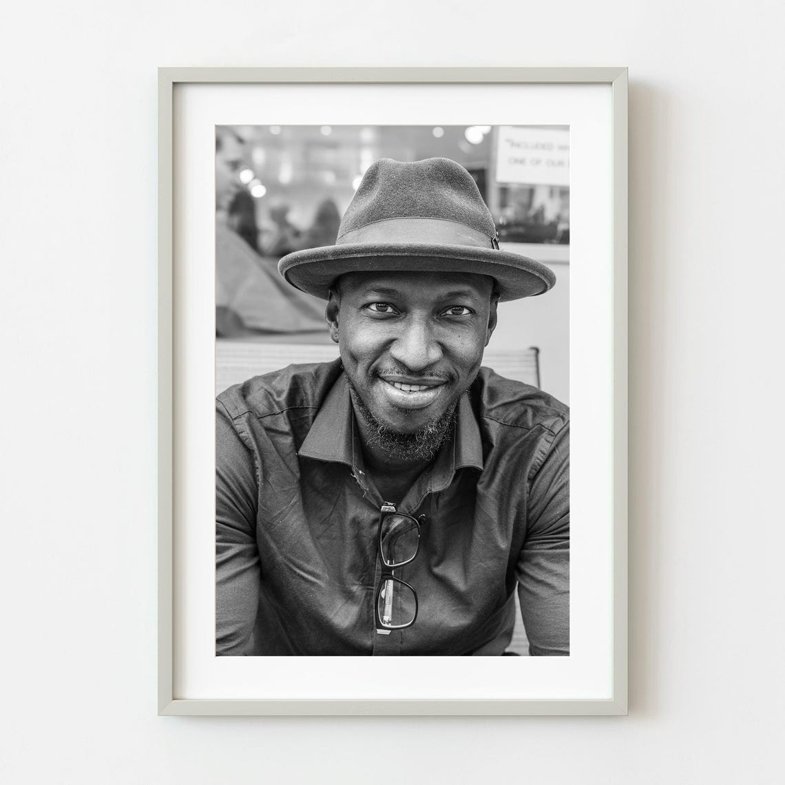 Smiling Man in Fedora Hat Black and White Portrait Photo Poster