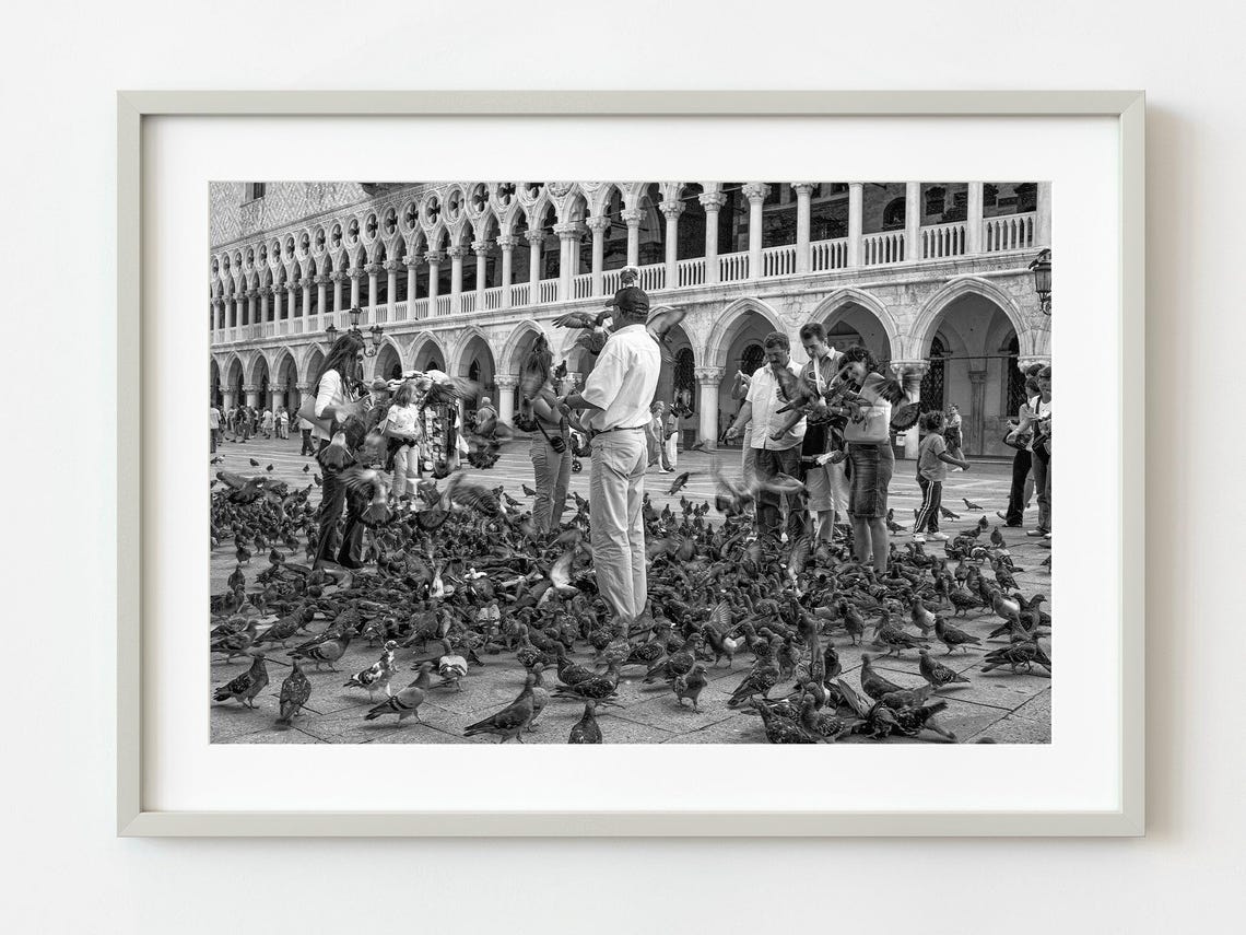 Tourists Feeding Pigeons Venice St Marks Square Black White Poster
