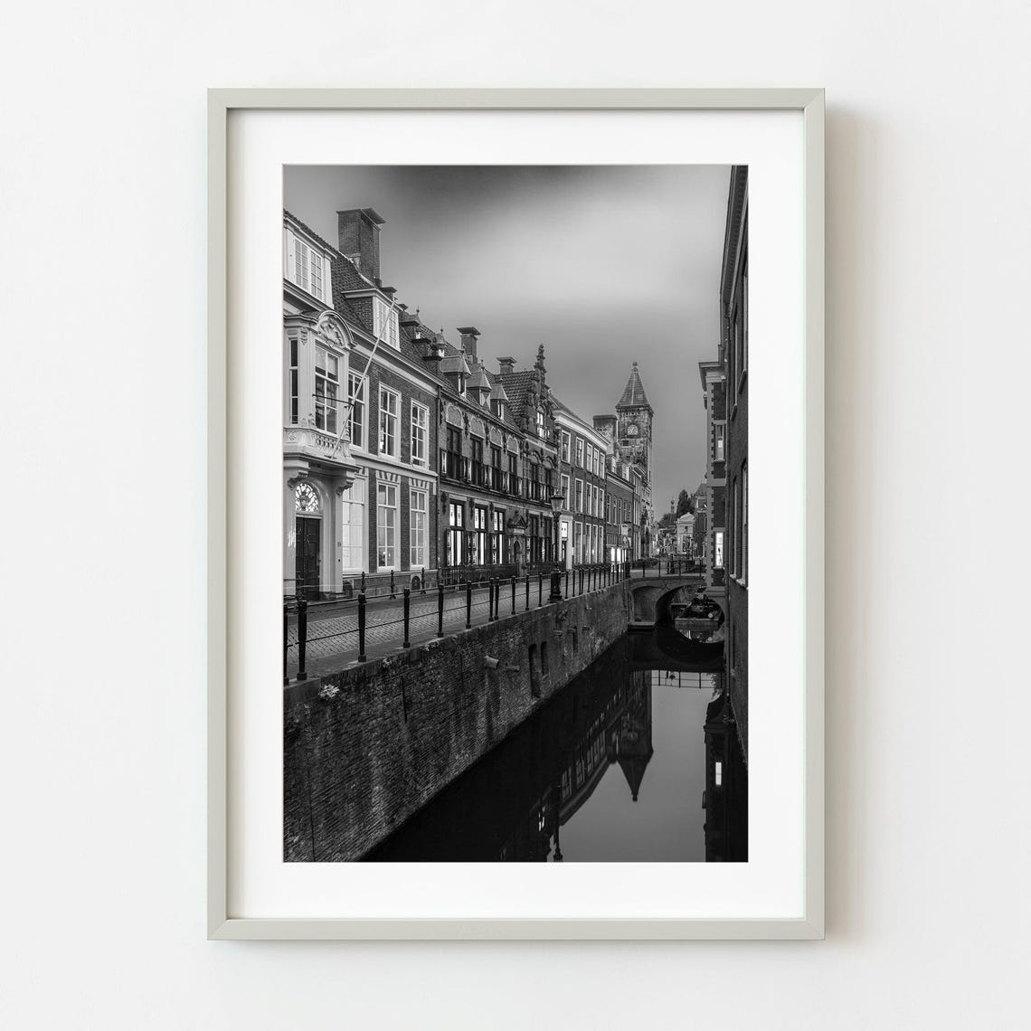 Historic Dutch Canal Old Brick Buildings Black White Photo Poster