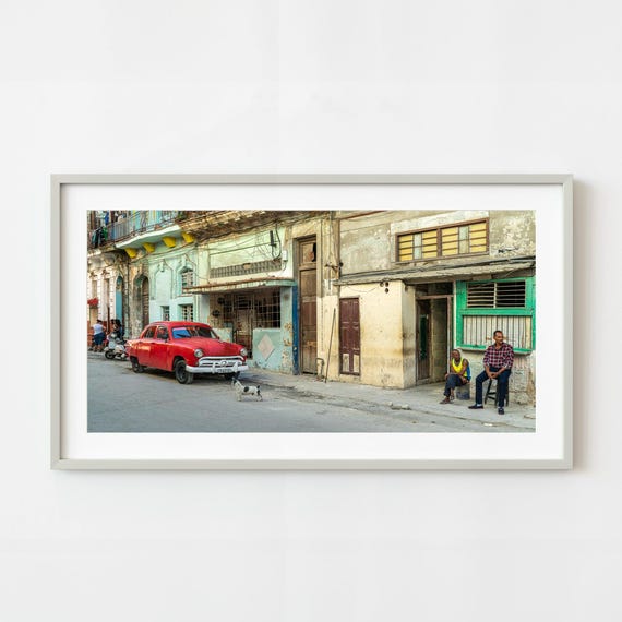 Looking Down The Street And Red Classic Car Havana Wall Art