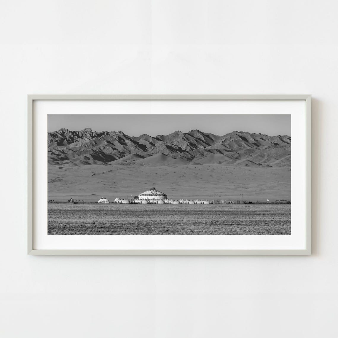 Mongolian Steppe Yurt Settlement Black and White Panoramic Poster