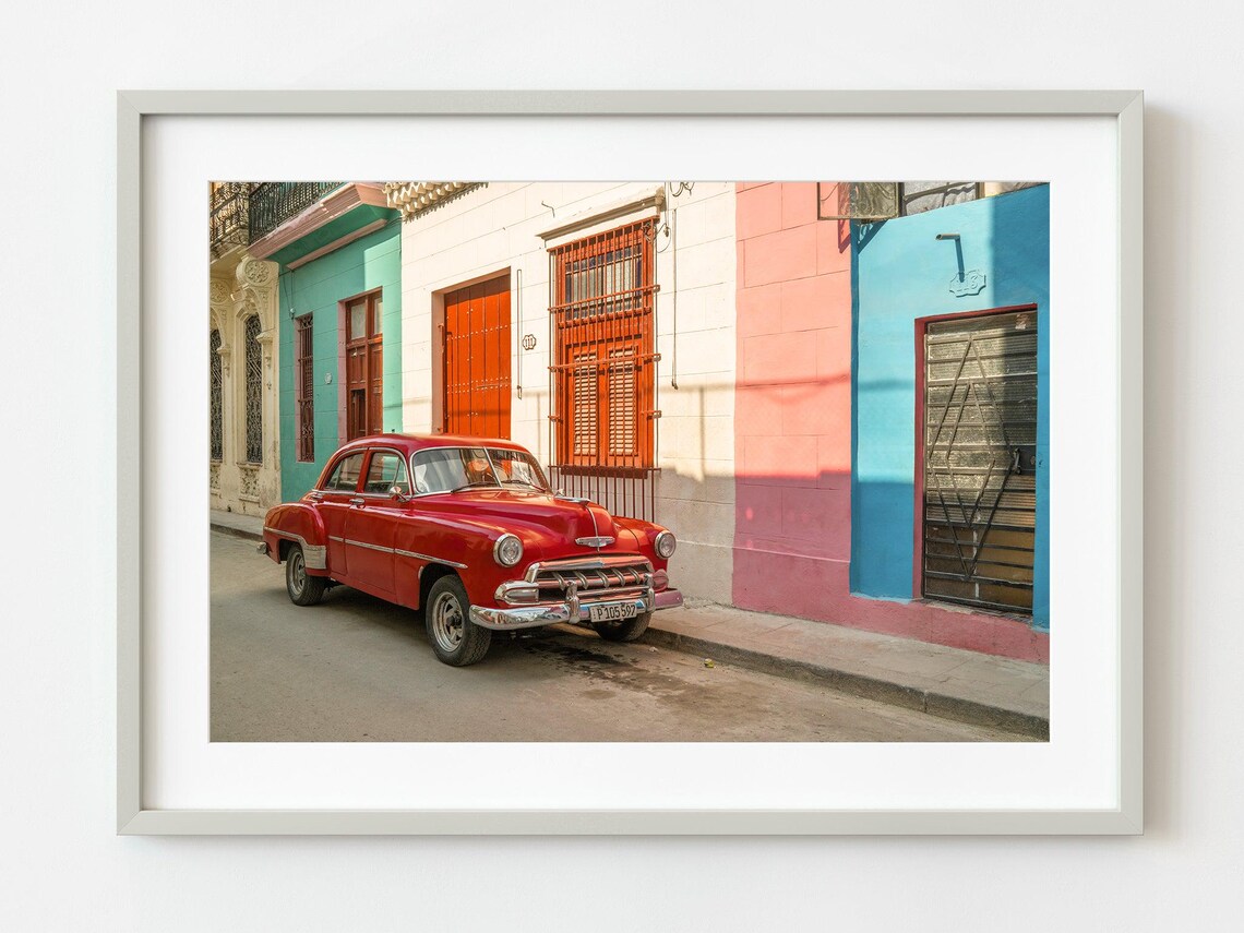 Red Classic Car Poster Havana Cuba Street Photo With Vintage Automobile Detail