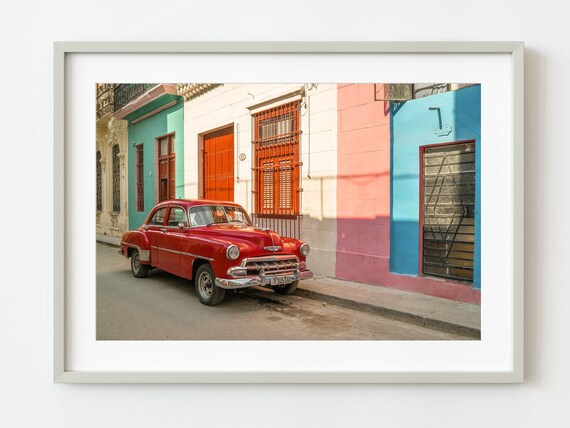 Red Classic Car Poster Havana Cuba Street Photo With Vintage Automobile Detail