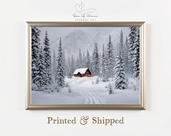 Winter Cabin In Snow Painting Print Rustic Mountain Landscape Wall Art Forest Scene Artwork Lodge Decor Mailed