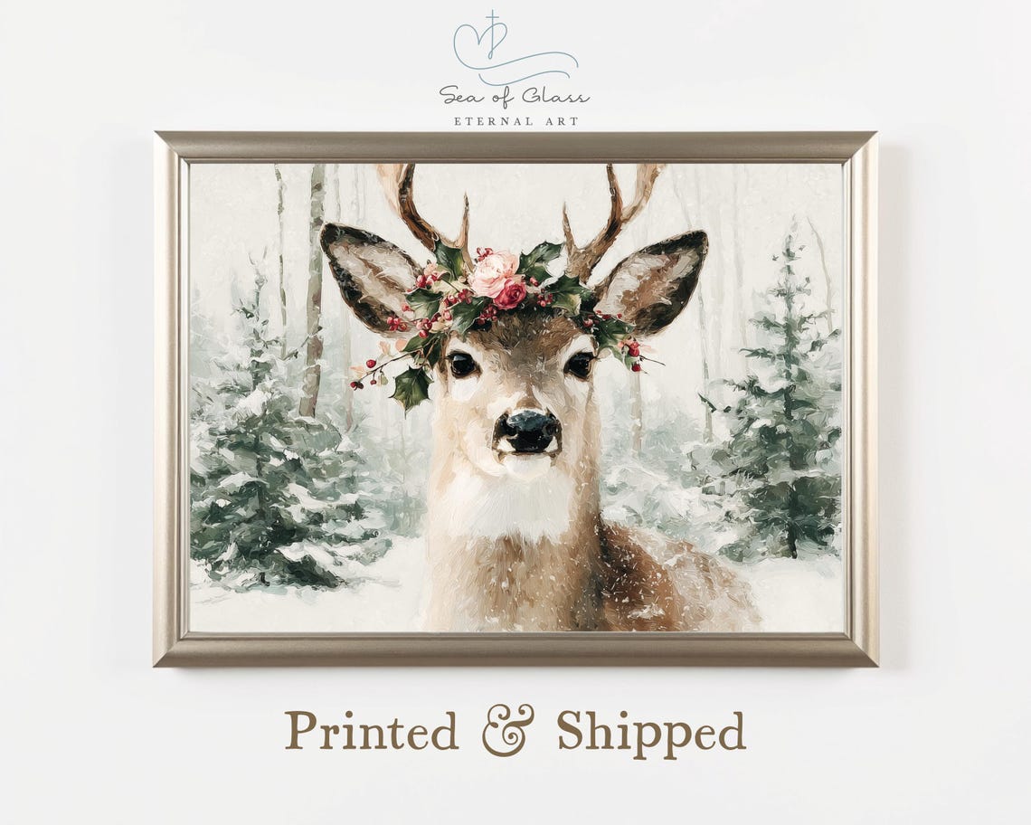 Deer With Christmas Floral Crown Snowy Forest Winter Art Poster