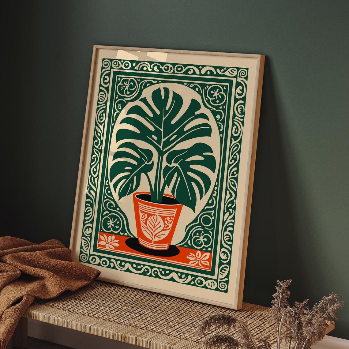 Bohemian Monstera in Terracotta Pot with Ornamental Border Print - Image 4