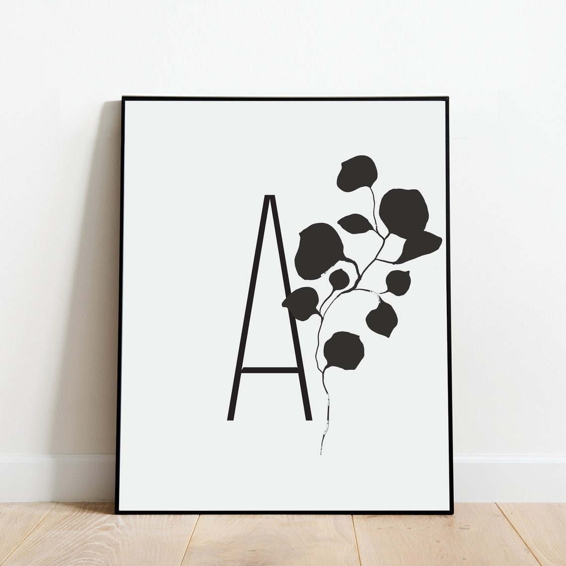 Letter A Botanical Initial Wall Art with Black Branch Silhouette
