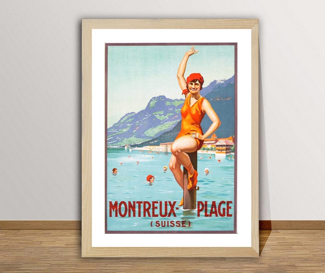 Montreux Plage Suisse Lake Swimmer Diving Vintage Swiss Travel Poster