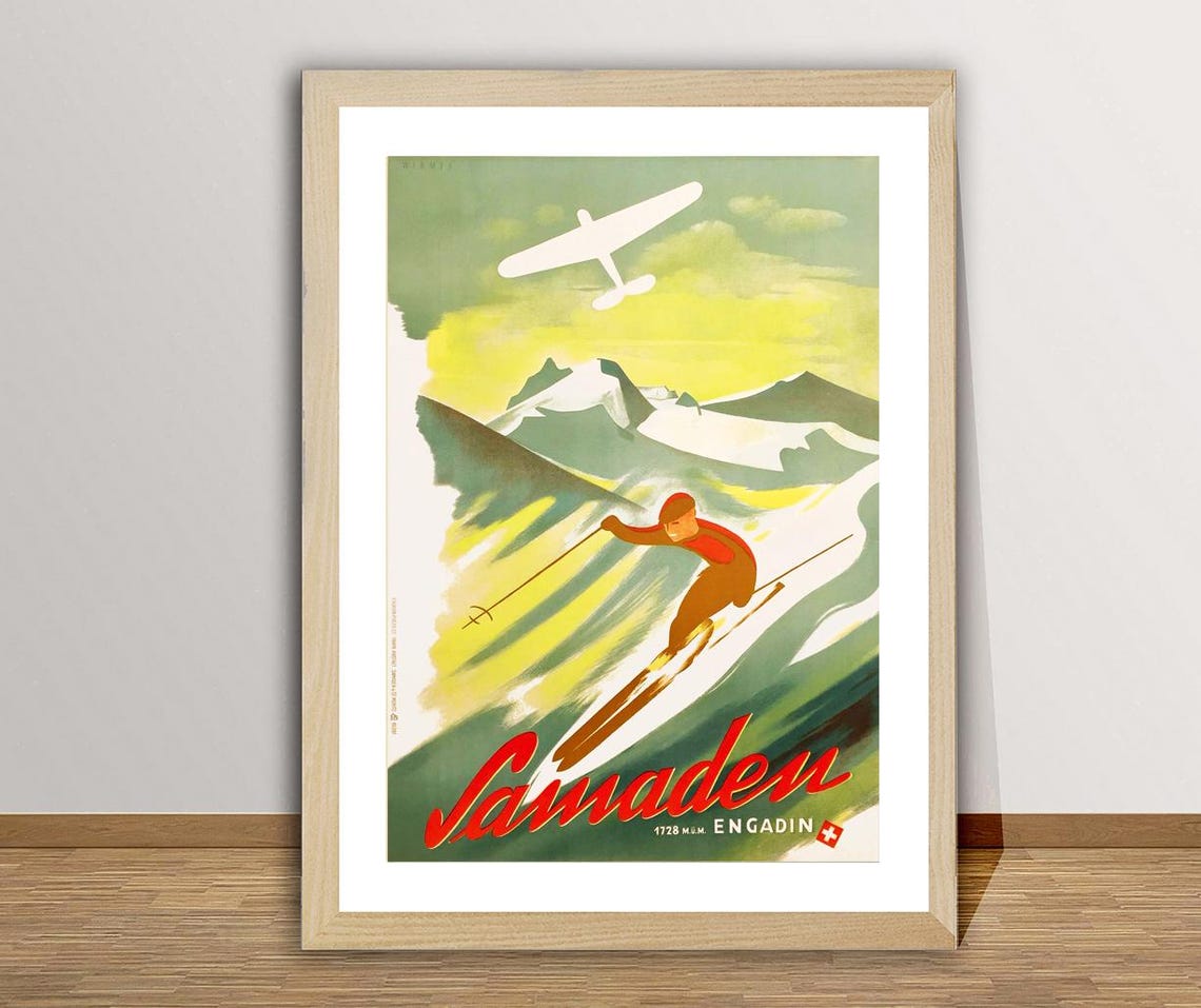 Samaden Engadin Swiss Skiing Downhill Racer Vintage Travel Poster