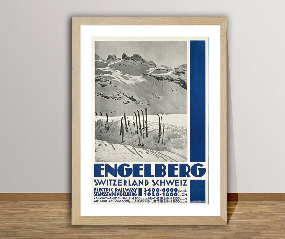Engelberg Switzerland Skis in Snow Vintage Alpine Travel Poster