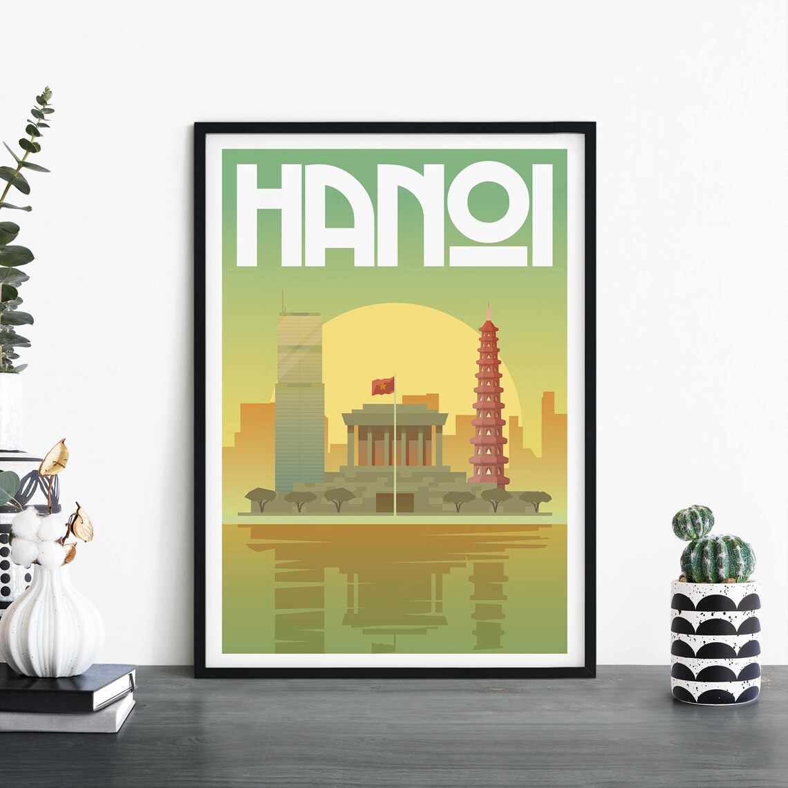 Hanoi Vietnam Sunset Lake Reflection Landmarks Travel Poster