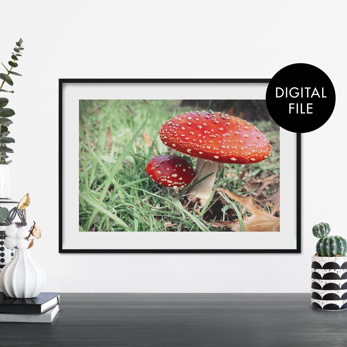 Red Fly Agaric Mushroom Pair in Grass Cottagecore Photo Poster