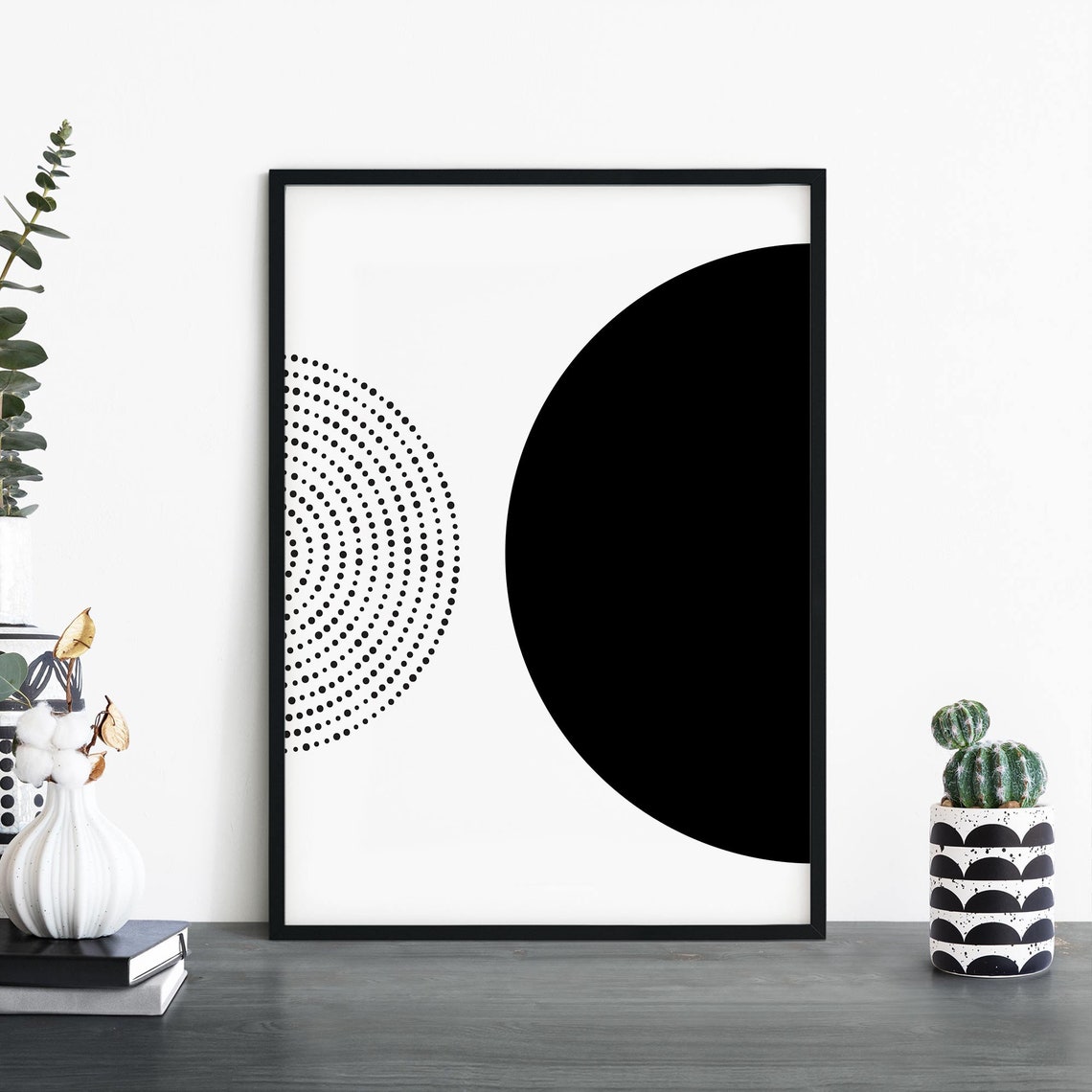 Black White Geometric Planet Abstract Dots Minimalist Wall Art